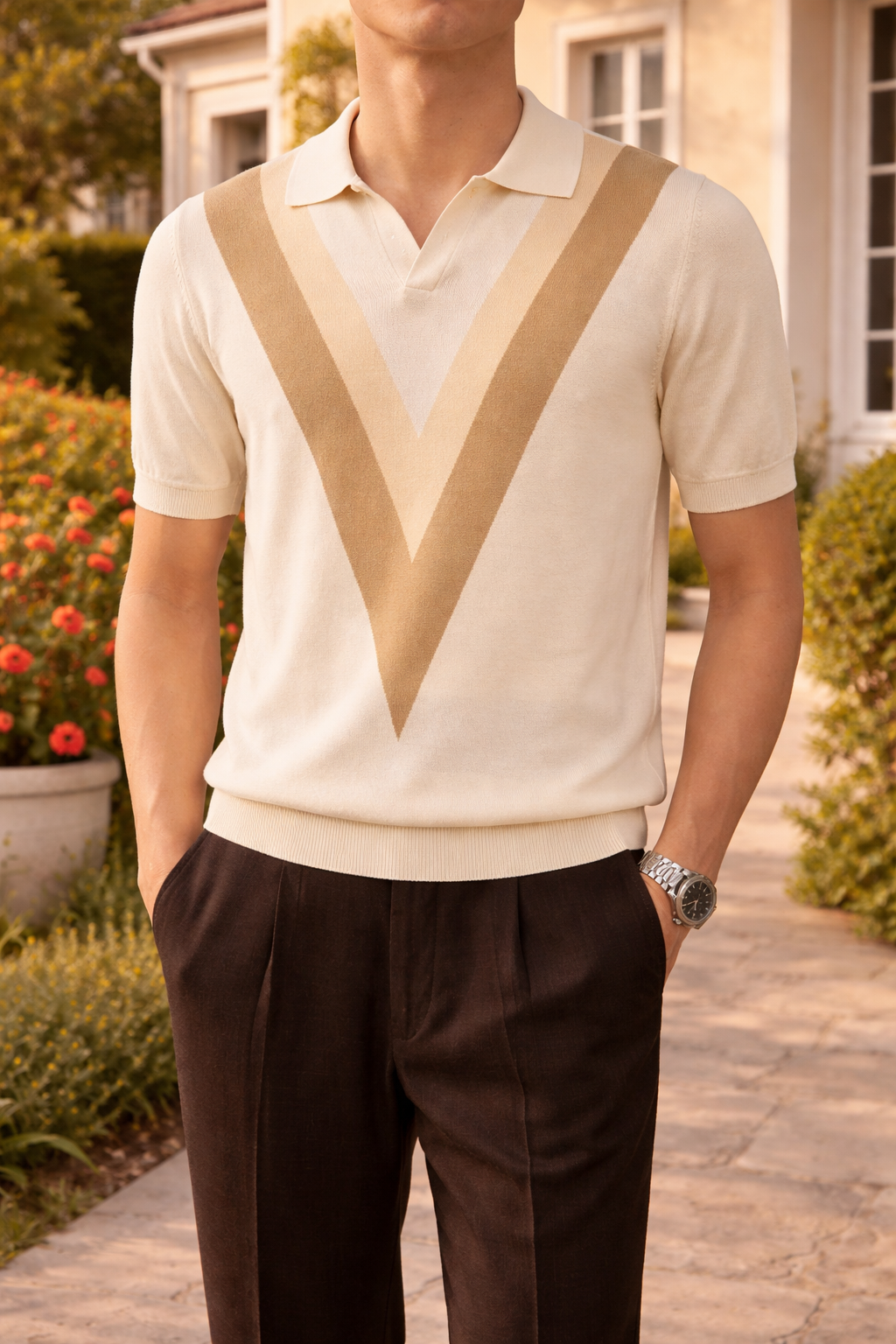 Neville | Men’s V Pattern Knit Polo Shirt Short Sleeve Relaxed Fit