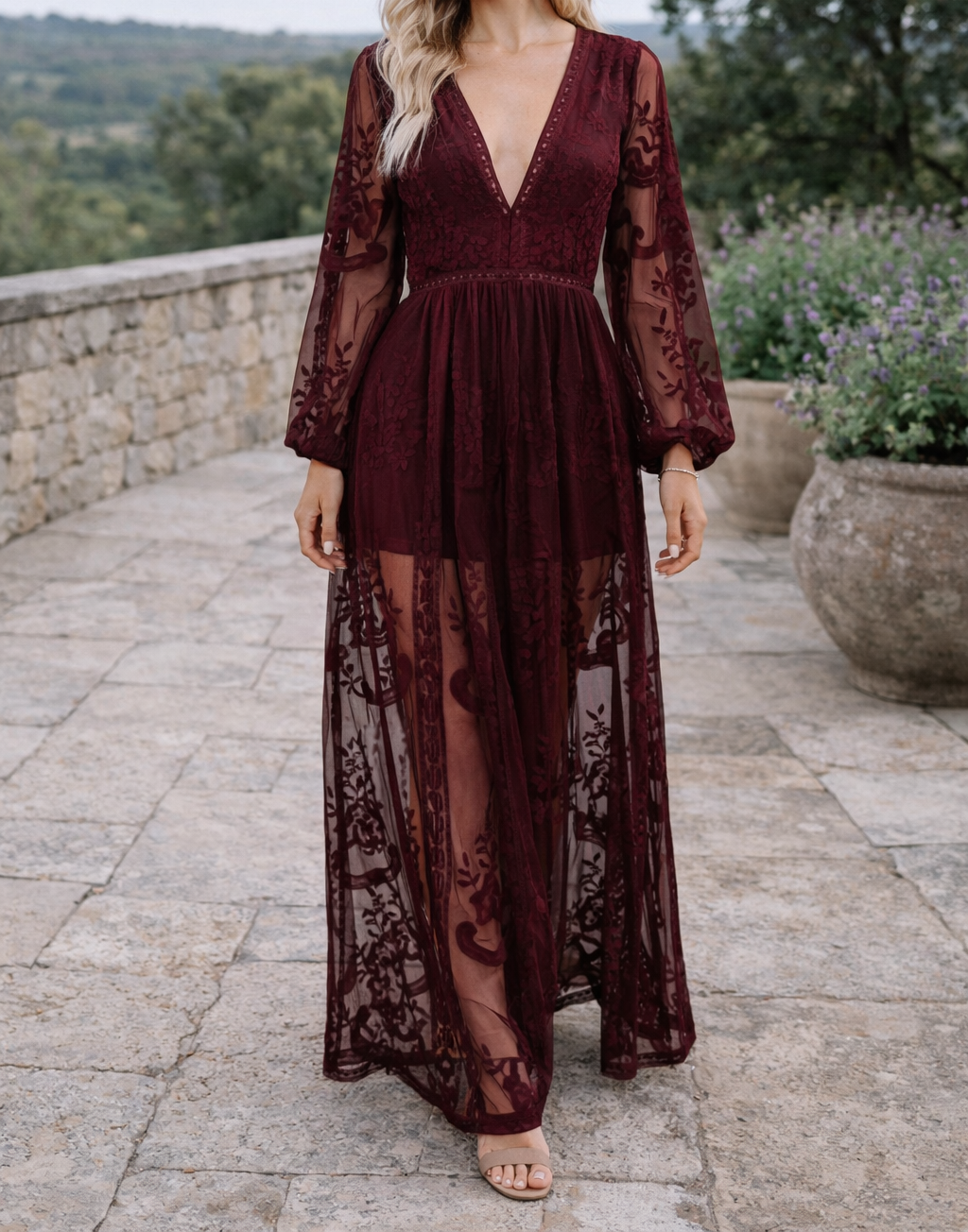 Nia | Women's V-Neck Lace Maxi Dress