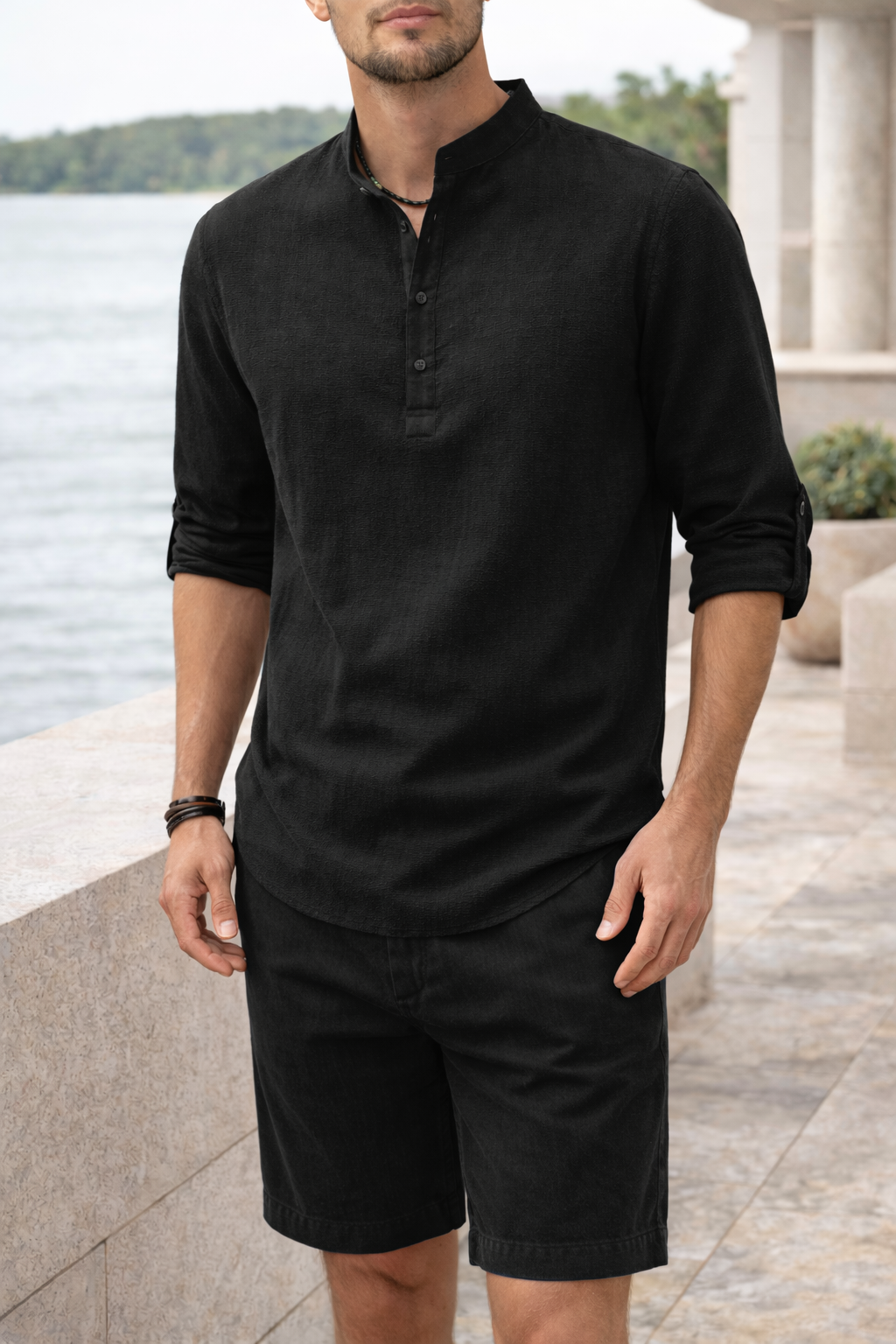 Oliver | Men’s Linen Grandad Collar Shirt with Half Placket