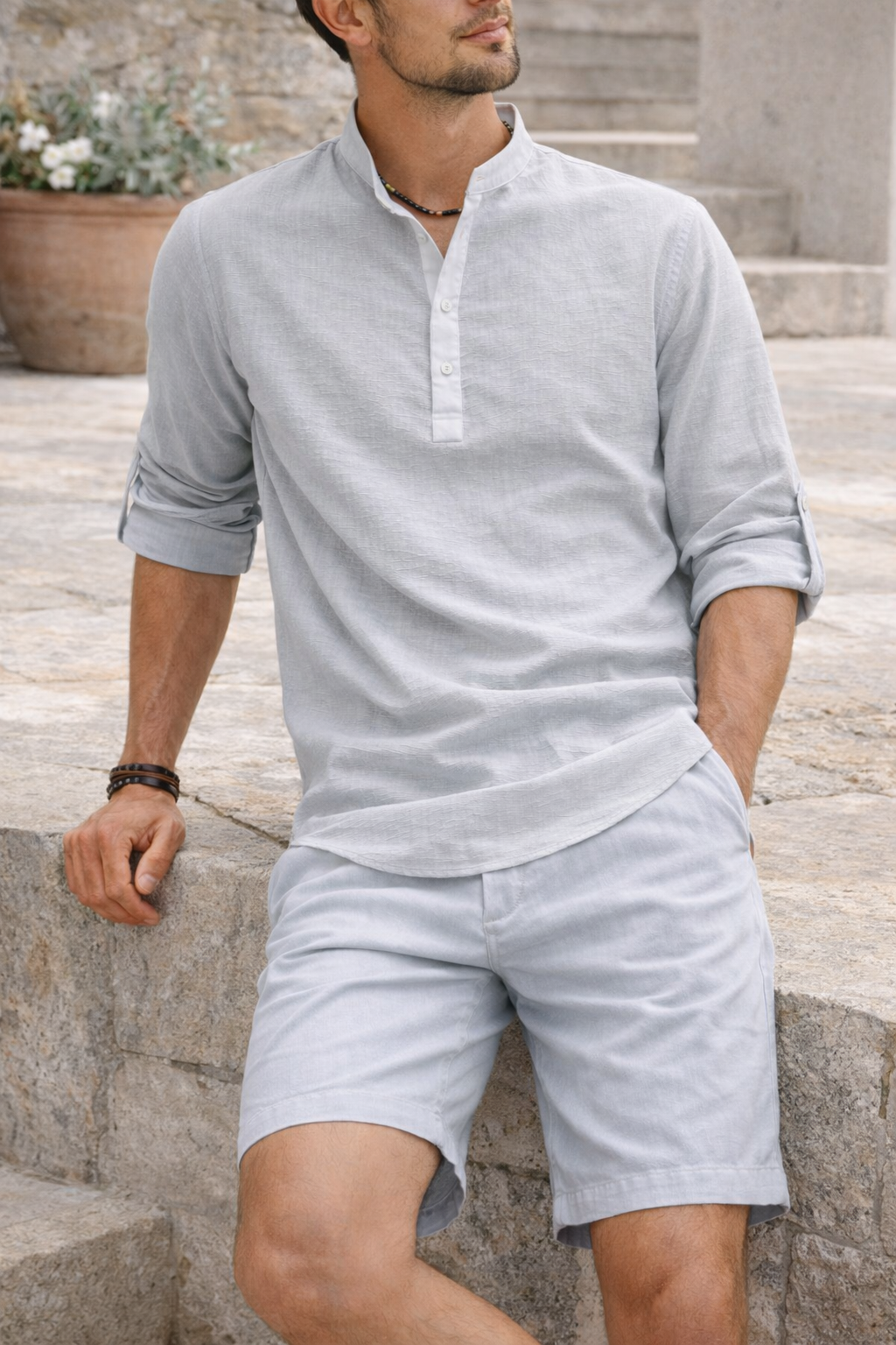 Oliver | Men’s Linen Grandad Collar Shirt with Half Placket
