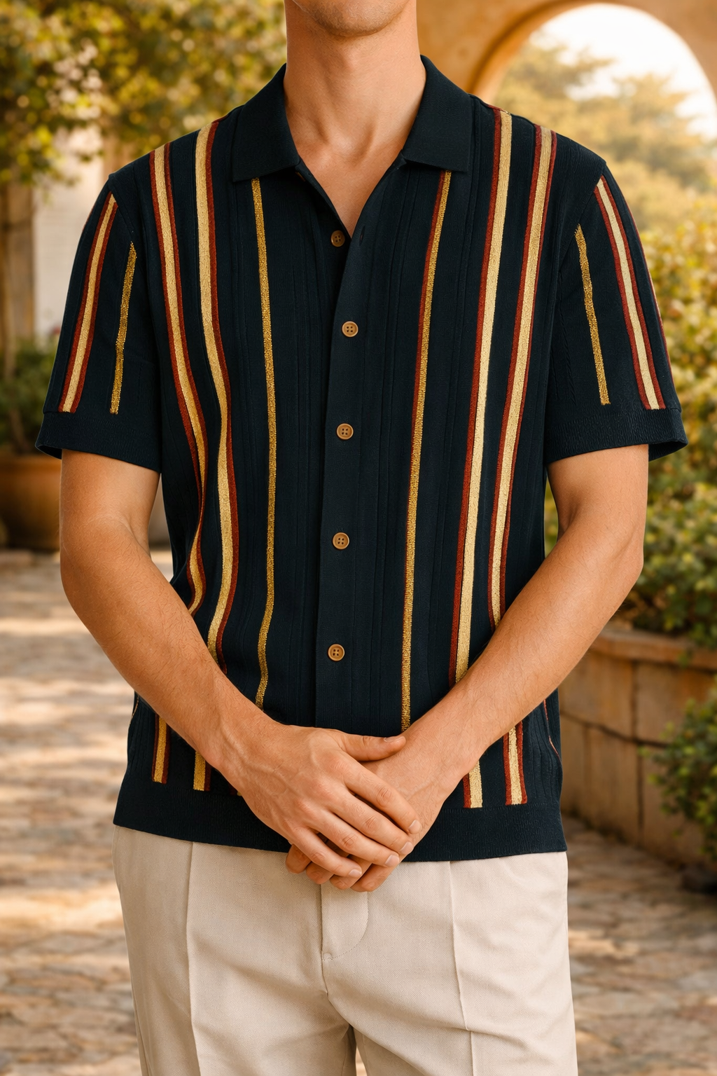 Perry | Men’s Vertical Stripe Knit Button-Up Shirt Short Sleeve Relaxed Fit