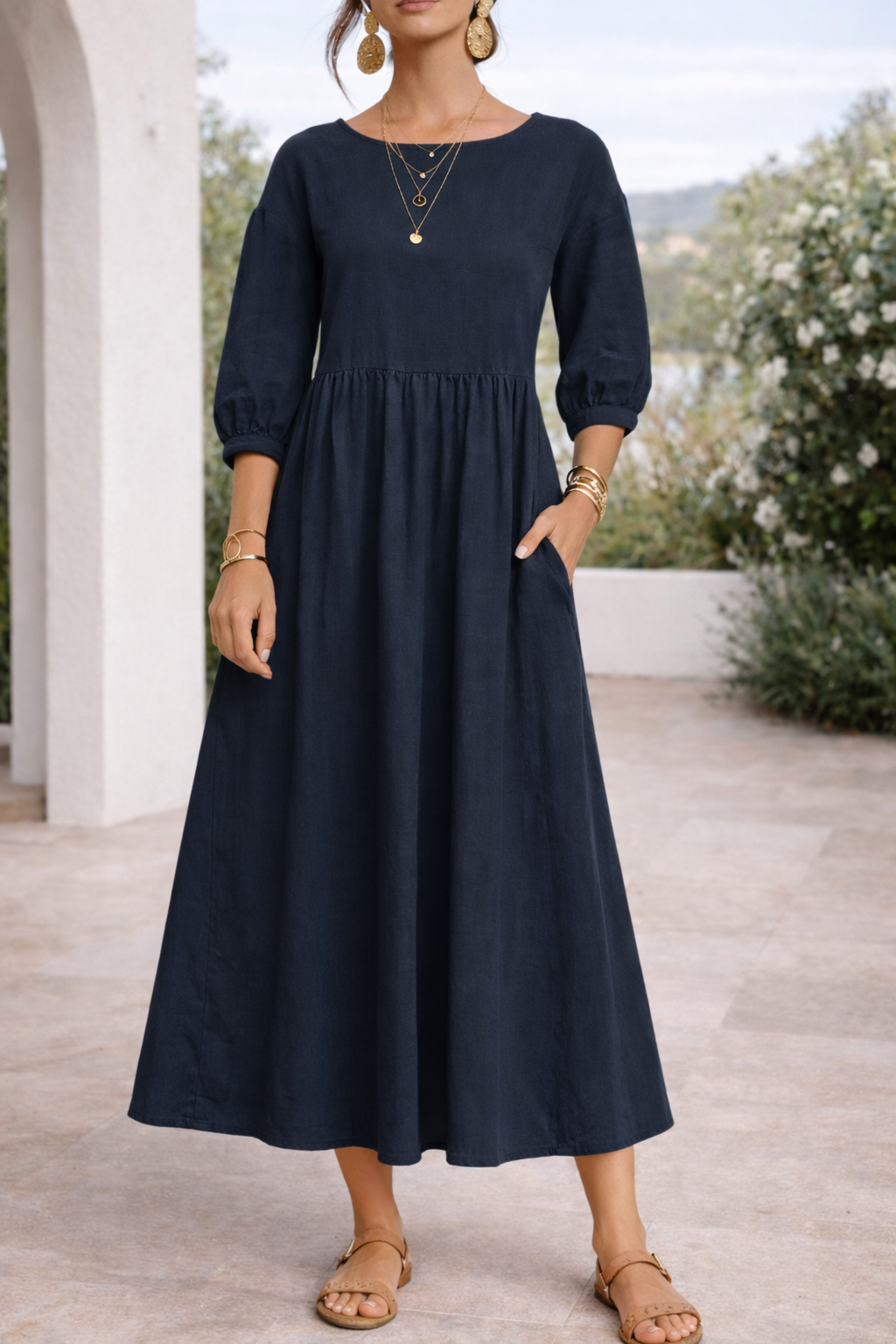 Poppy | Women’s Woven Maxi Smock Dress with 3/4 Sleeves and Pockets
