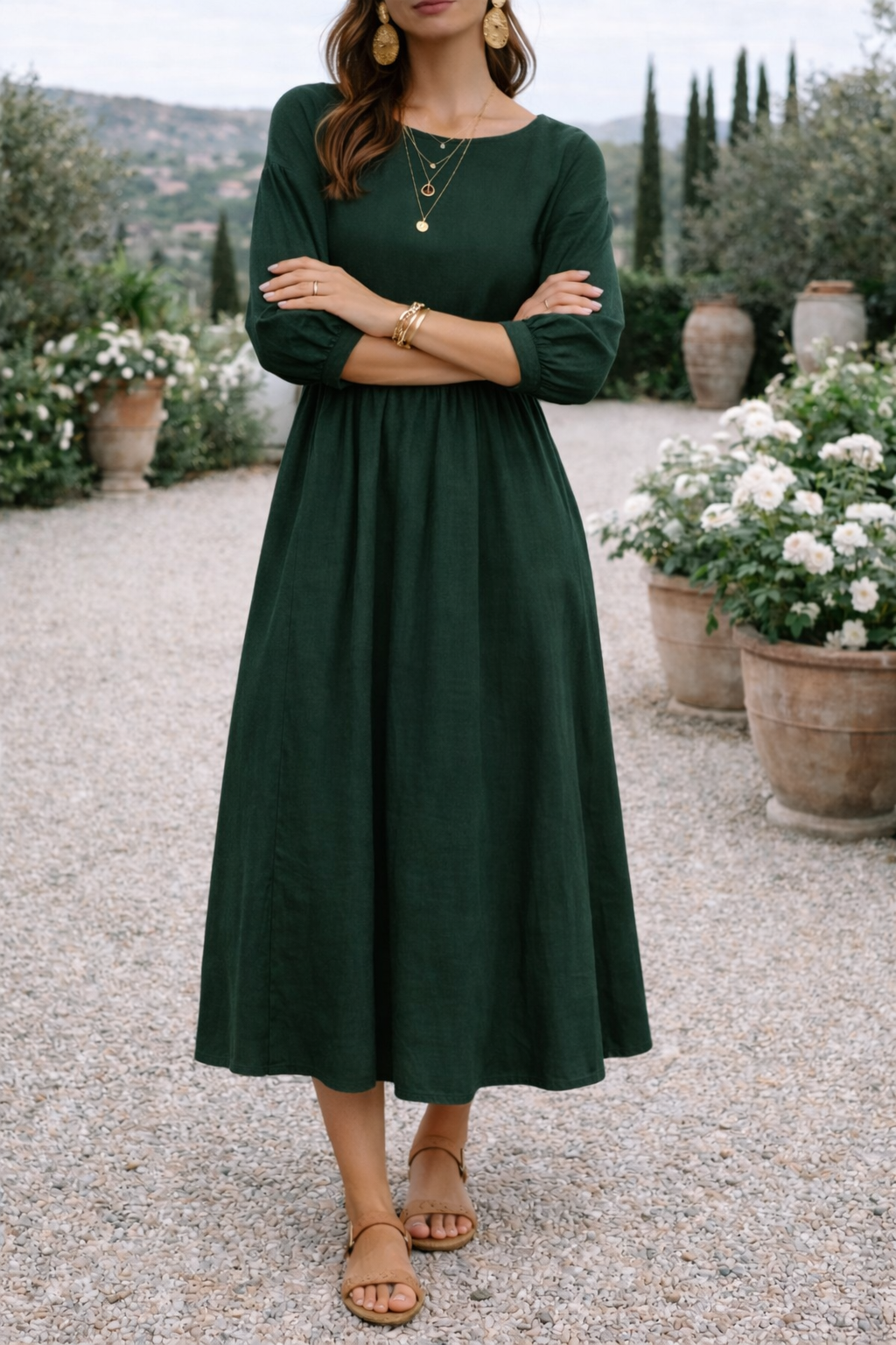 Poppy | Women’s Woven Maxi Smock Dress with 3/4 Sleeves and Pockets