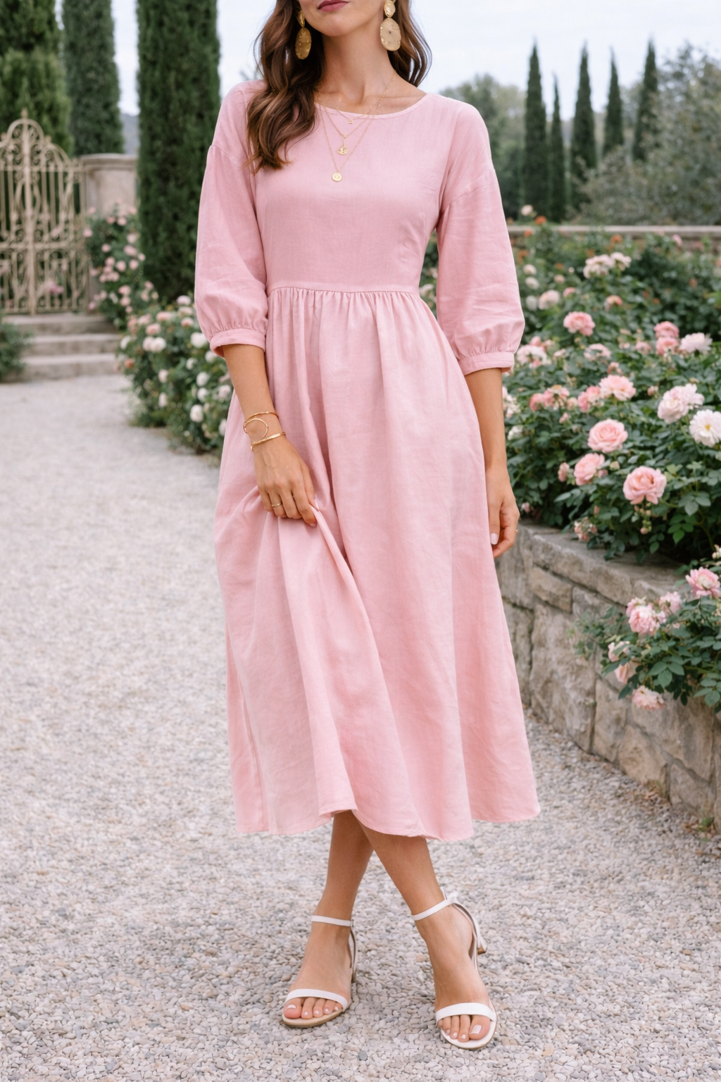 Poppy | Women’s Woven Maxi Smock Dress with 3/4 Sleeves and Pockets