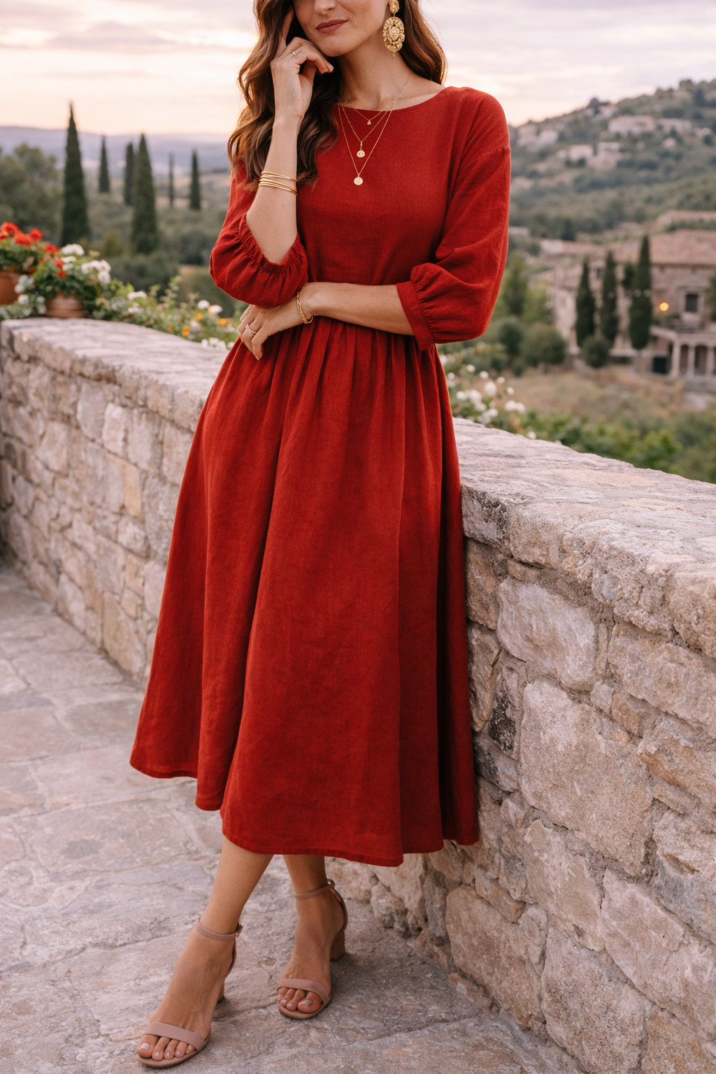 Poppy | Women’s Woven Maxi Smock Dress with 3/4 Sleeves and Pockets
