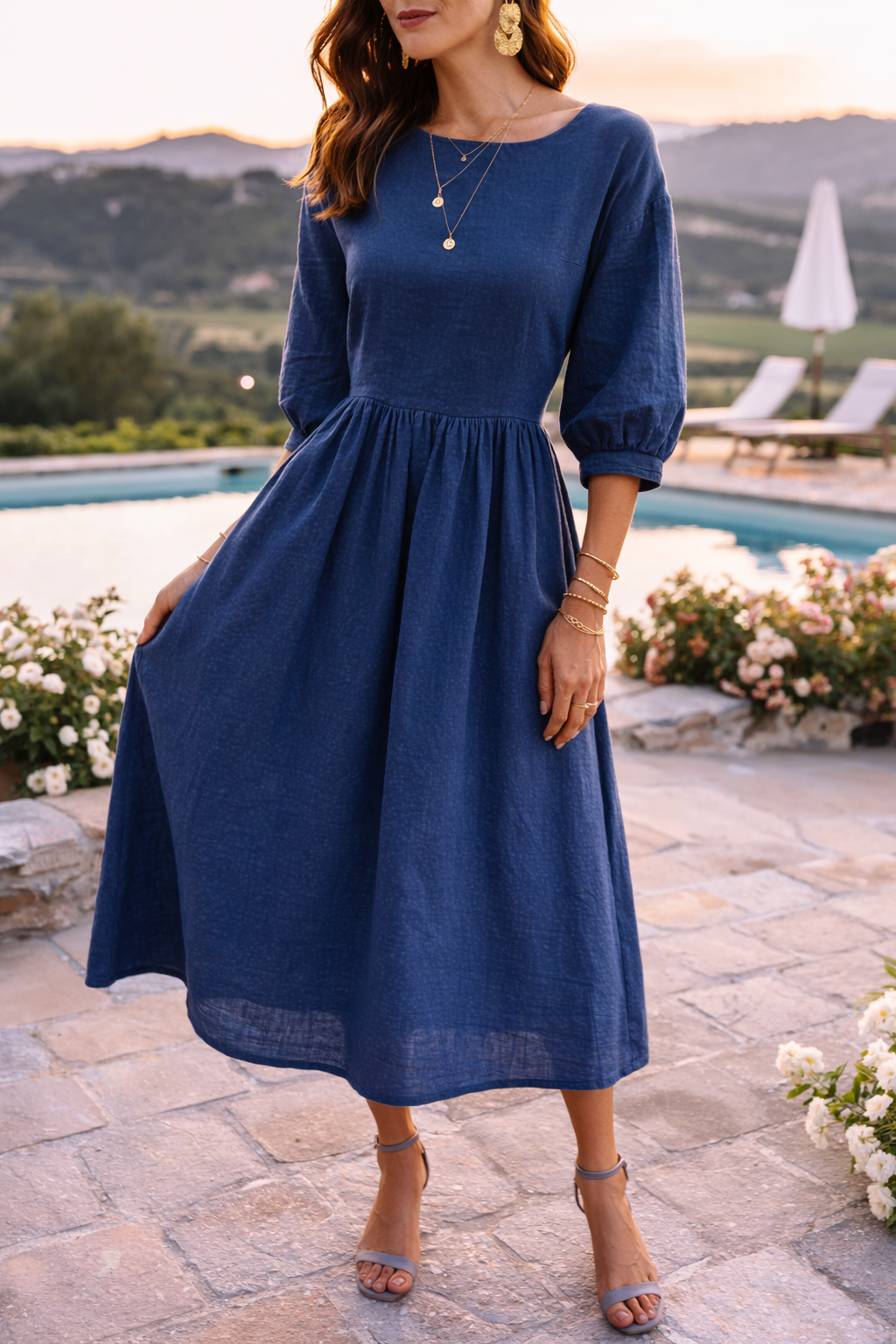 Poppy | Women’s Woven Maxi Smock Dress with 3/4 Sleeves and Pockets