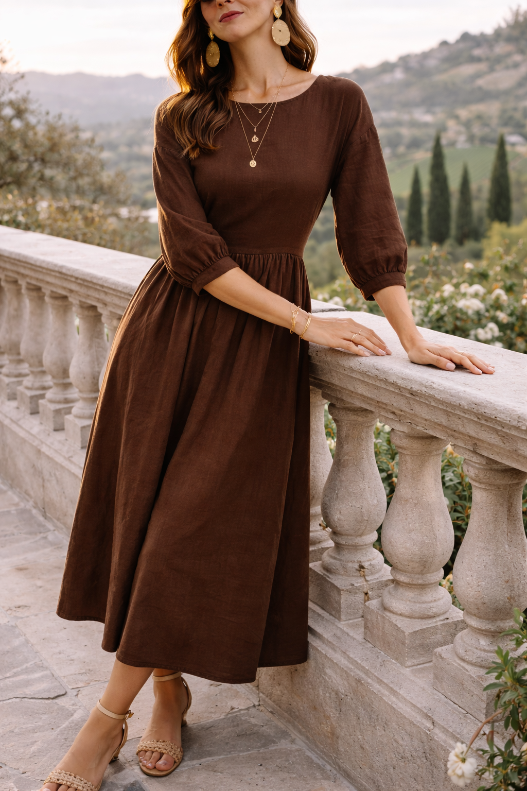 Poppy | Women’s Woven Maxi Smock Dress with 3/4 Sleeves and Pockets