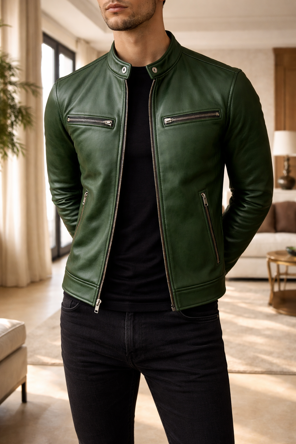 Quentin | Men’s Leather Biker Jacket Zip Front Stand Collar Casual Outerwear