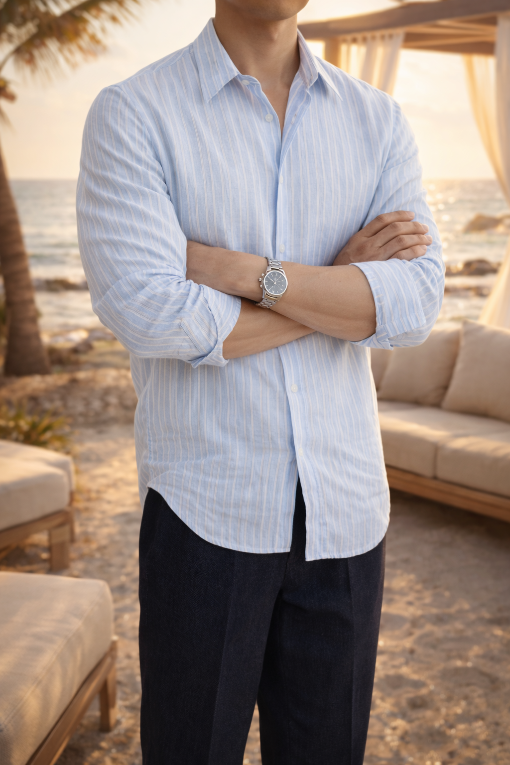Reece | Men’s Vertical Stripe Linen Shirt Long Sleeve Relaxed Fit