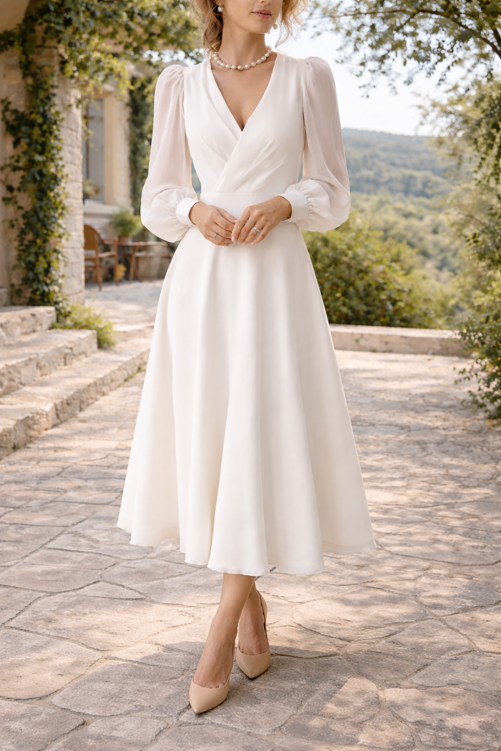 Romina | Long Sleeve Wrap Midi Wedding Dress with V-Neck