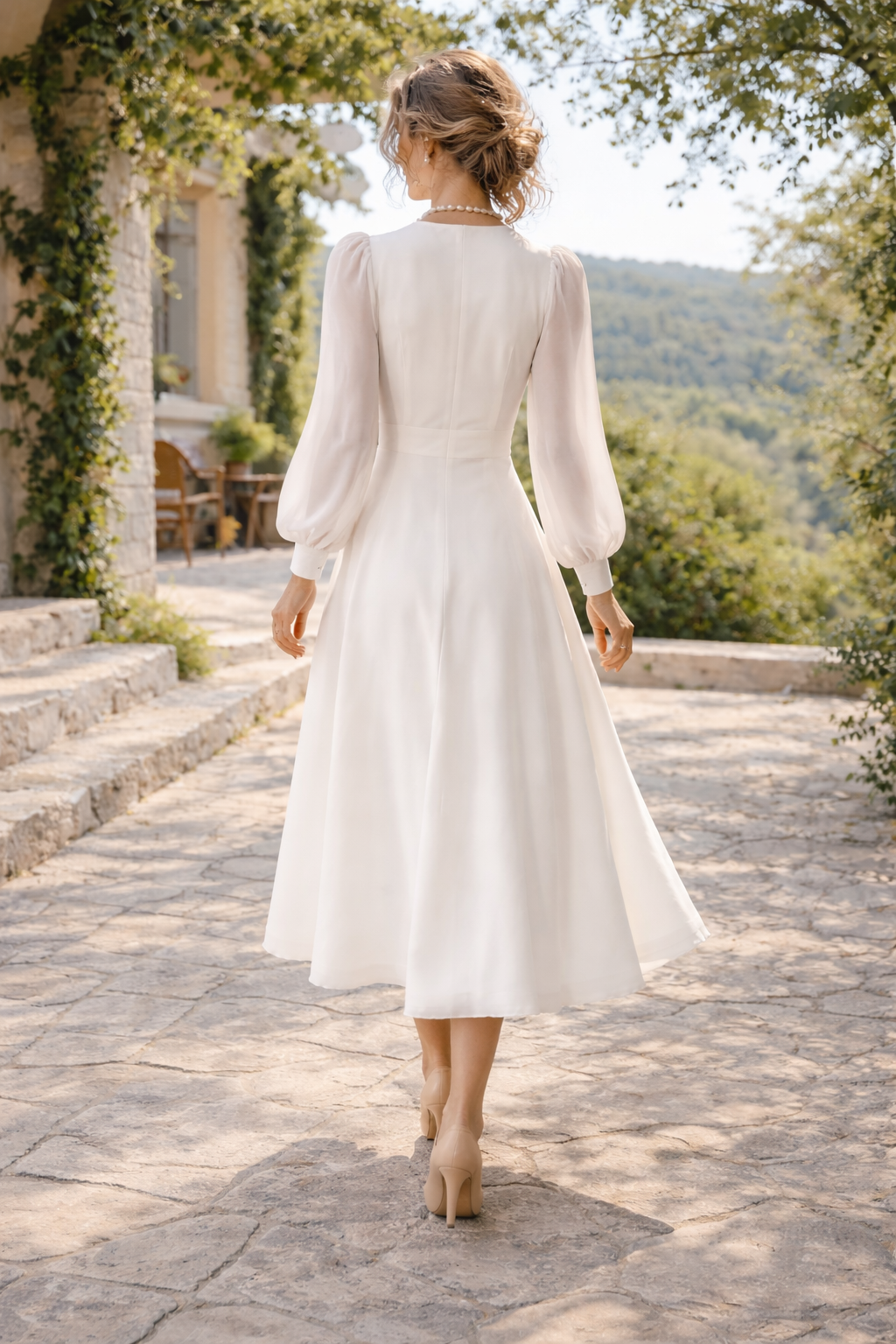 Romina | Long Sleeve Wrap Midi Wedding Dress with V-Neck