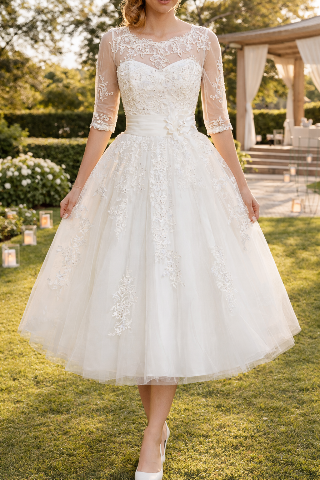 Romy | Lace Overlay A-Line Midi Wedding Dress with Three Quarter Sleeves