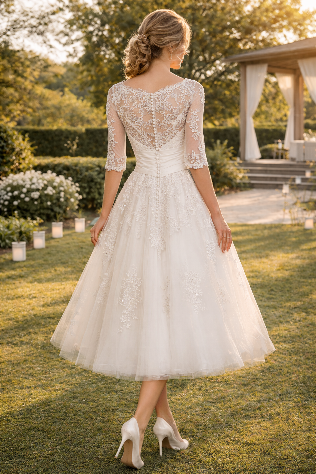 Romy | Lace Overlay A-Line Midi Wedding Dress with Three Quarter Sleeves