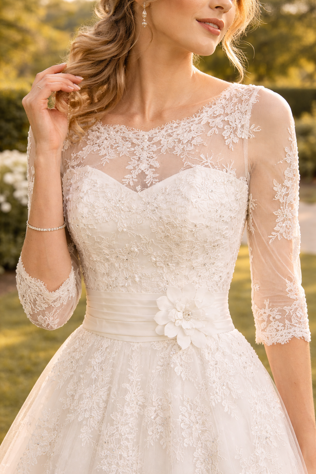 Romy | Lace Overlay A-Line Midi Wedding Dress with Three Quarter Sleeves