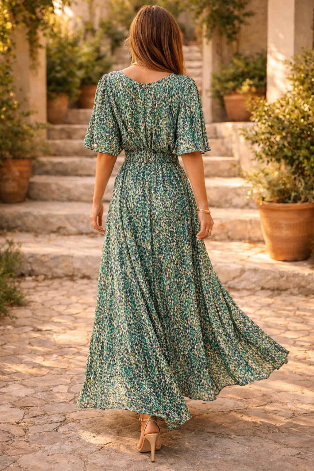 Rose | Printed V-Neck Maxi Dress with Belted Waist and Side Split