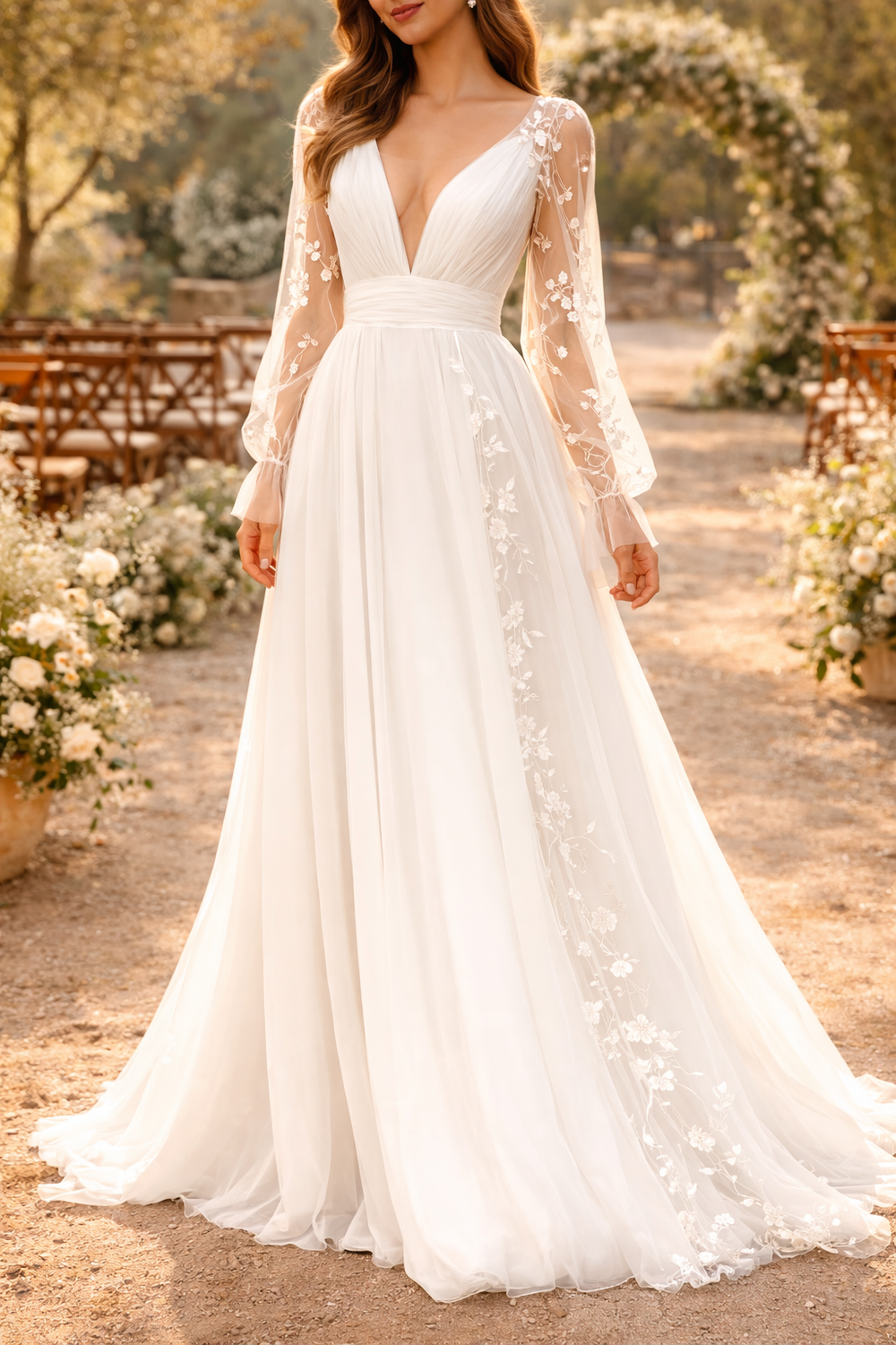 Samantha | Long Sleeve Embroidered Chiffon Maxi Wedding Dress