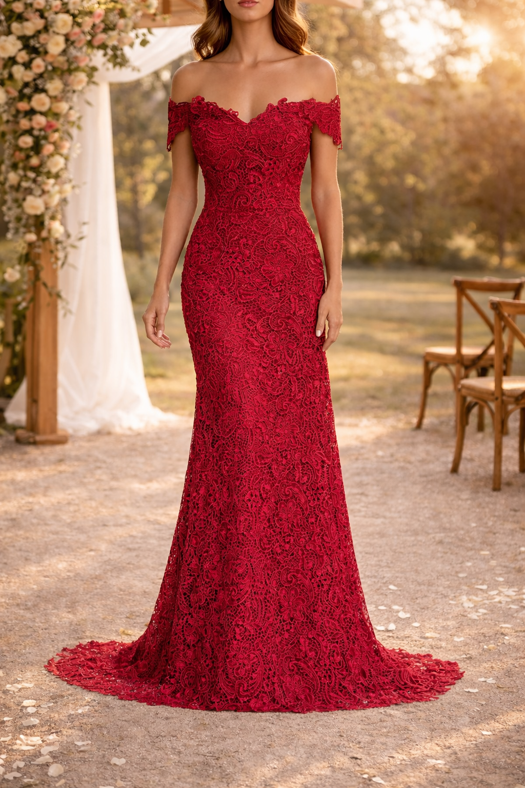Sienna | Off Shoulder Lace Fitted Maxi Wedding Dress