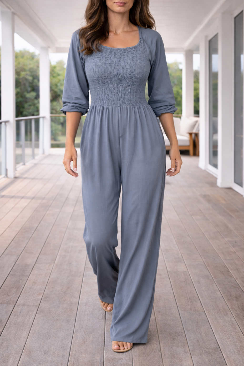 Sienna | Women's Smocked Square Neck Wide Leg Jumpsuit