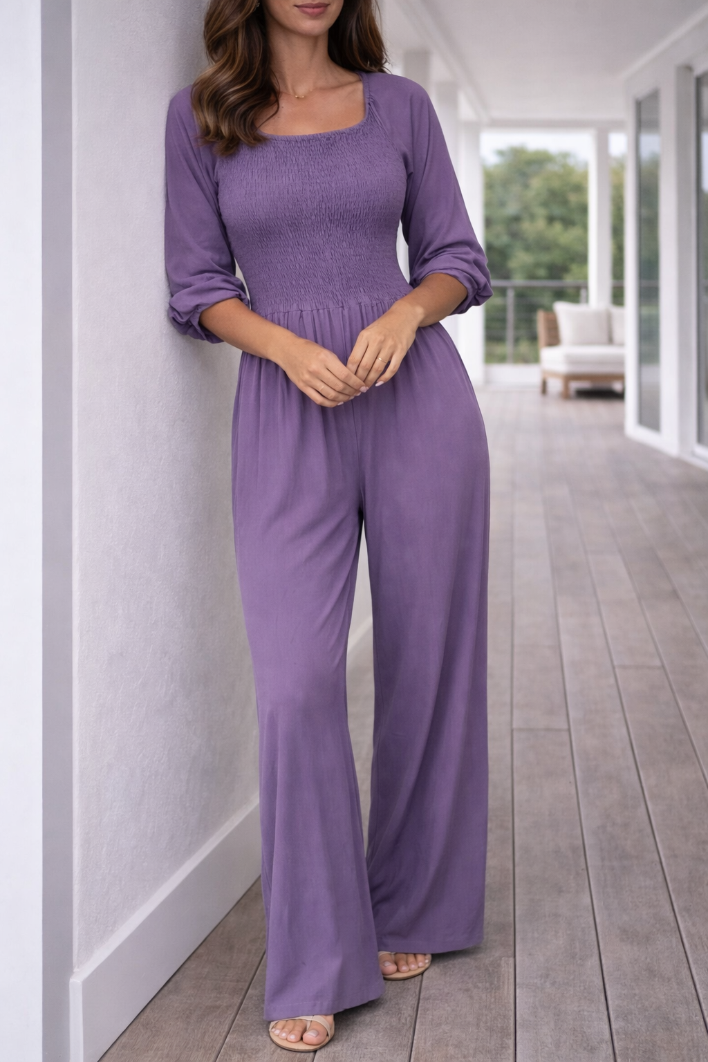 Sienna | Women's Smocked Square Neck Wide Leg Jumpsuit