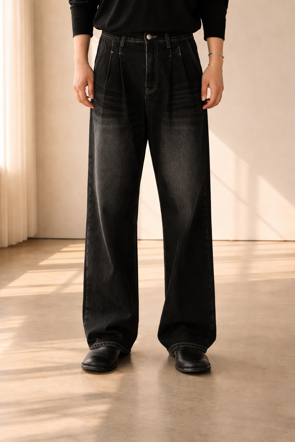 Stuart | Wide Leg Pleated Denim Jeans