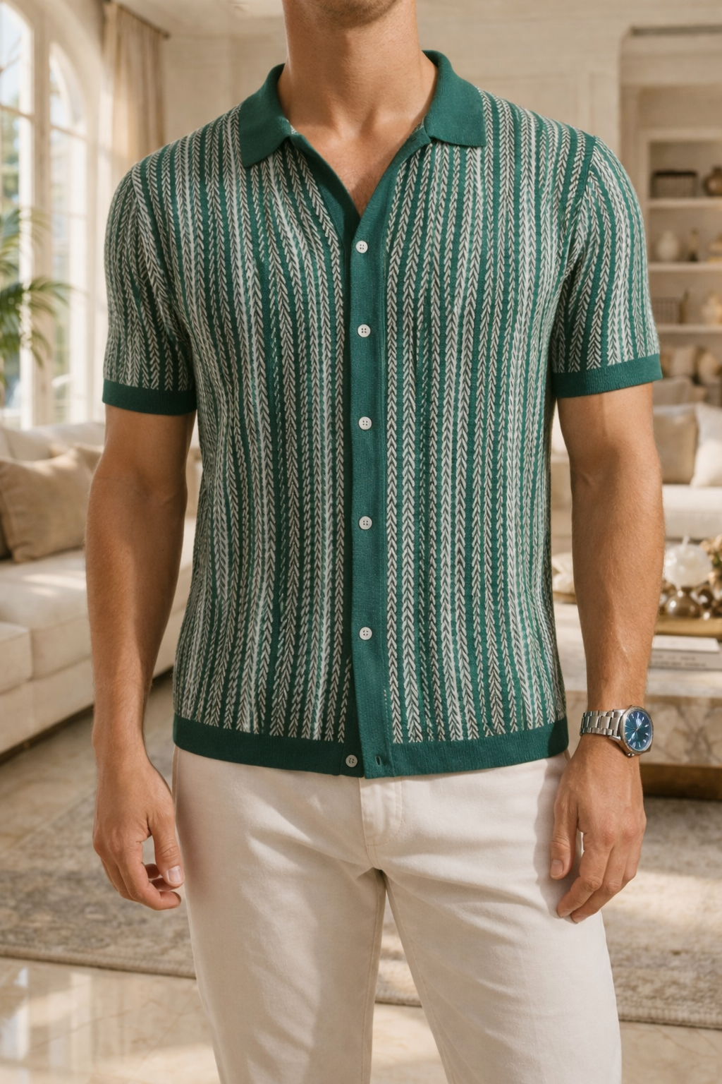 Terence | Short Sleeve Knit Button-Up Polo Shirt with Patterned Texture