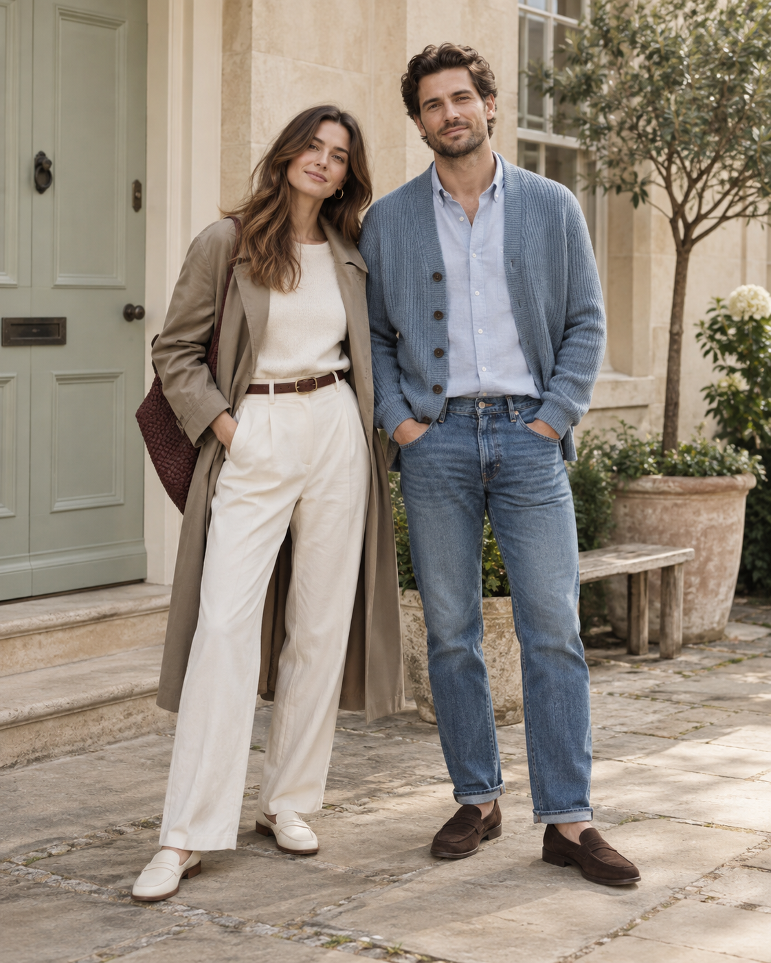 A woman and man wearing relaxed Wellenby-inspired outfits