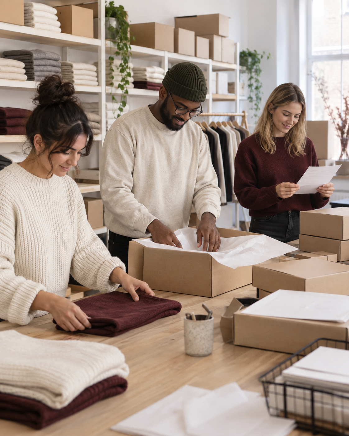 A small fashion fulfilment team carefully packing customer orders