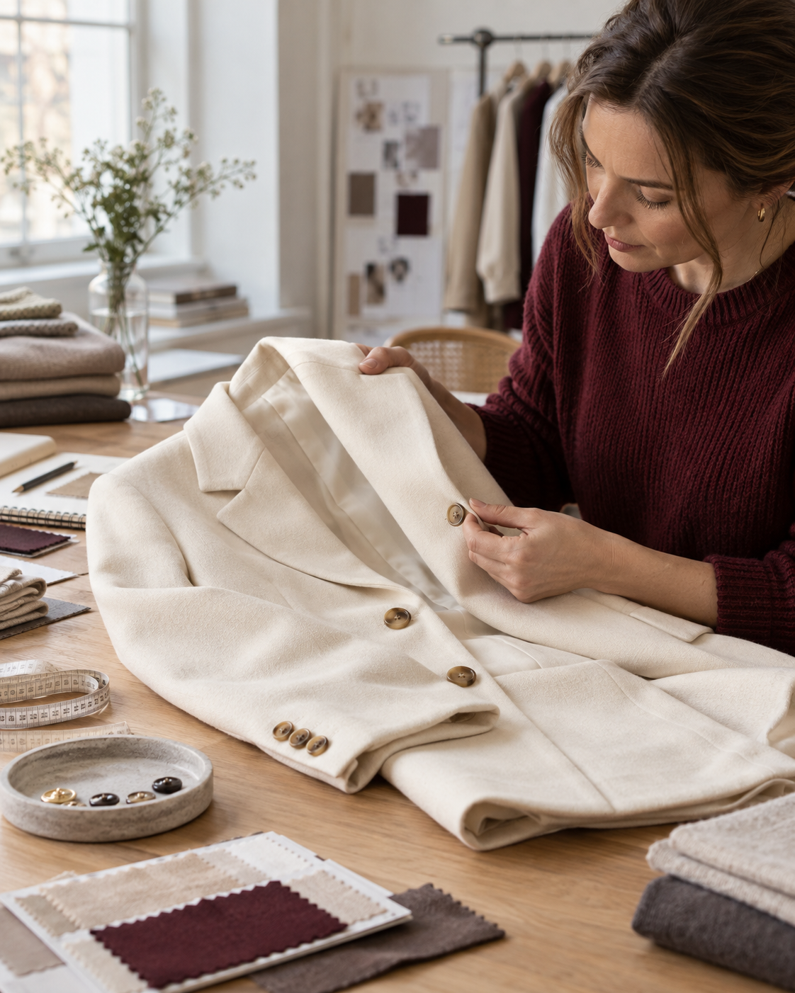 A quality specialist inspecting a tailored cream blazer