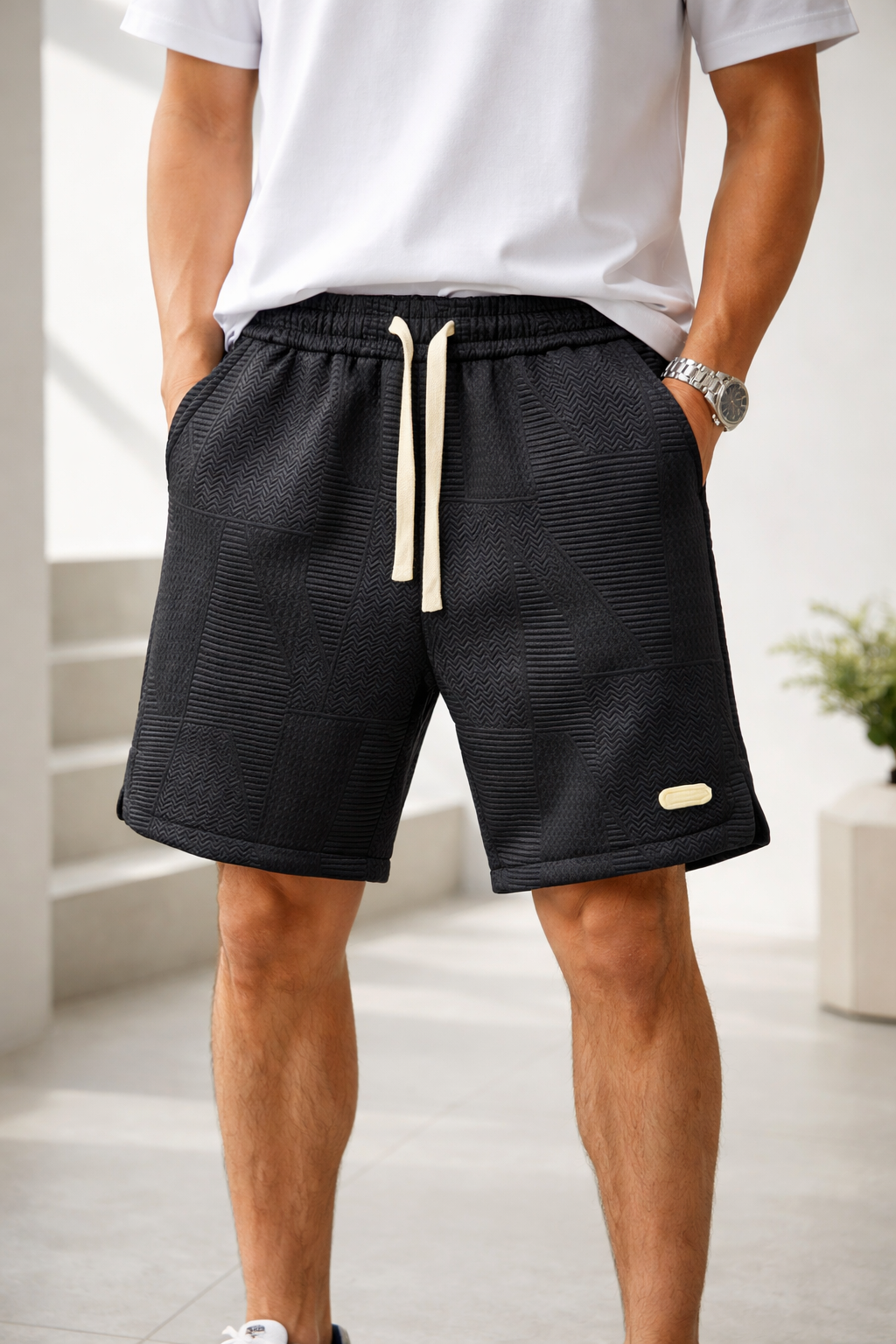 William | Men’s Textured Panel Drawstring Knee-Length Shorts